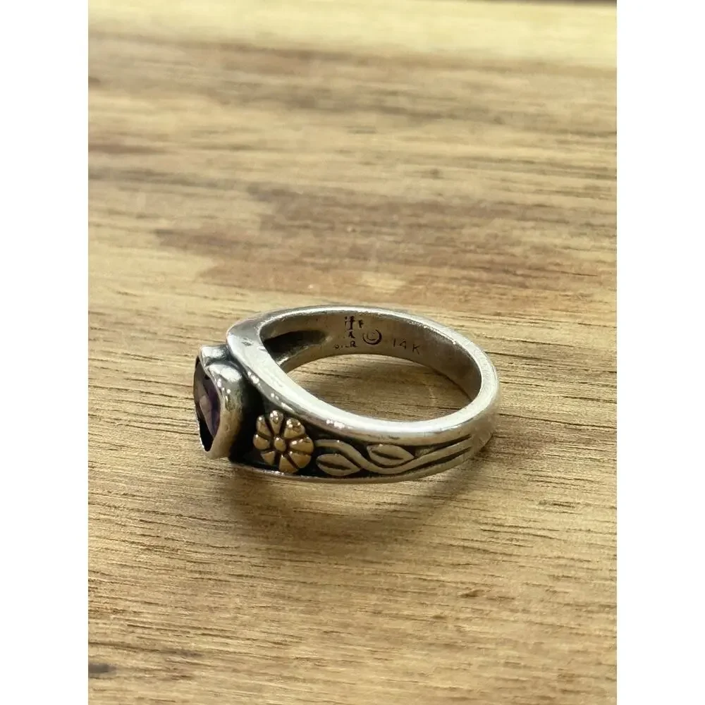 James Avery Retired Amethyst Heart 14kt Gold Flower Sterling Silver Ring Size 5